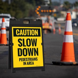Caution Slow Down Pedestrians in Area Sidewalk Sign Kit, 18x24 Inches, witha Frame Stand, Made in USA