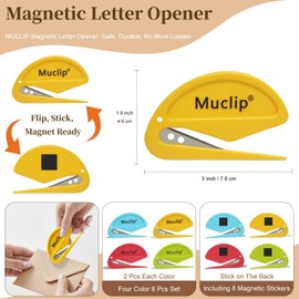 Muclip 8 Pack Letter Opener with Magnetic Stickers - Hidden Stainless Steel Blade,Ergonomic ABS Grip,Fast & Safe Envelope Opener for Letter,Packages,Mail,Office,Home,Mailroom (8 Pack)