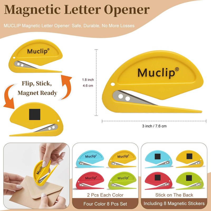Muclip 8 Pack Letter Opener with Magnetic Stickers - Hidden