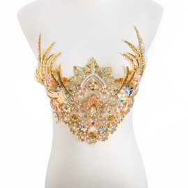 Silvora Gold Embroidery Pearl Beaded Sequin Applique, Handmade Sewing Tool for Wedding Dress Gown Bodice Belt Costume Clothing Craft DIY (Gold-5)