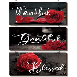Hillban 3 Pieces Rose Wooden Wall Decor Thankful Grateful Blessed Wooden Signs Inspirational Wall Art Signs Wedding Wall Decor for Room Kitchen Bathroom (Red,10 x 4 Inch)
