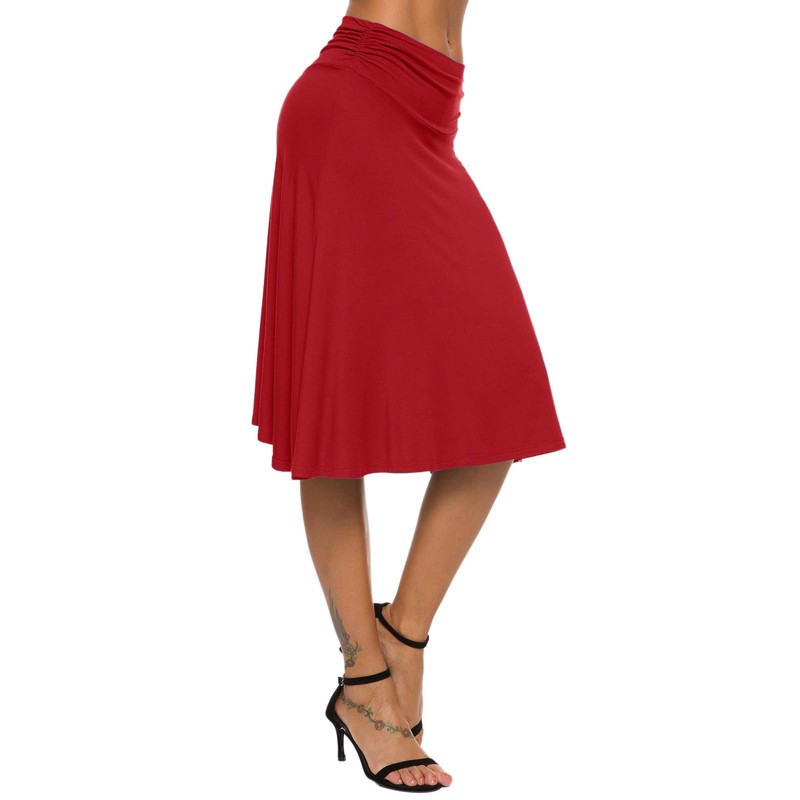 EXCHIC Women's Elastic Waist Plain A-Line Yoga Skirt - red,