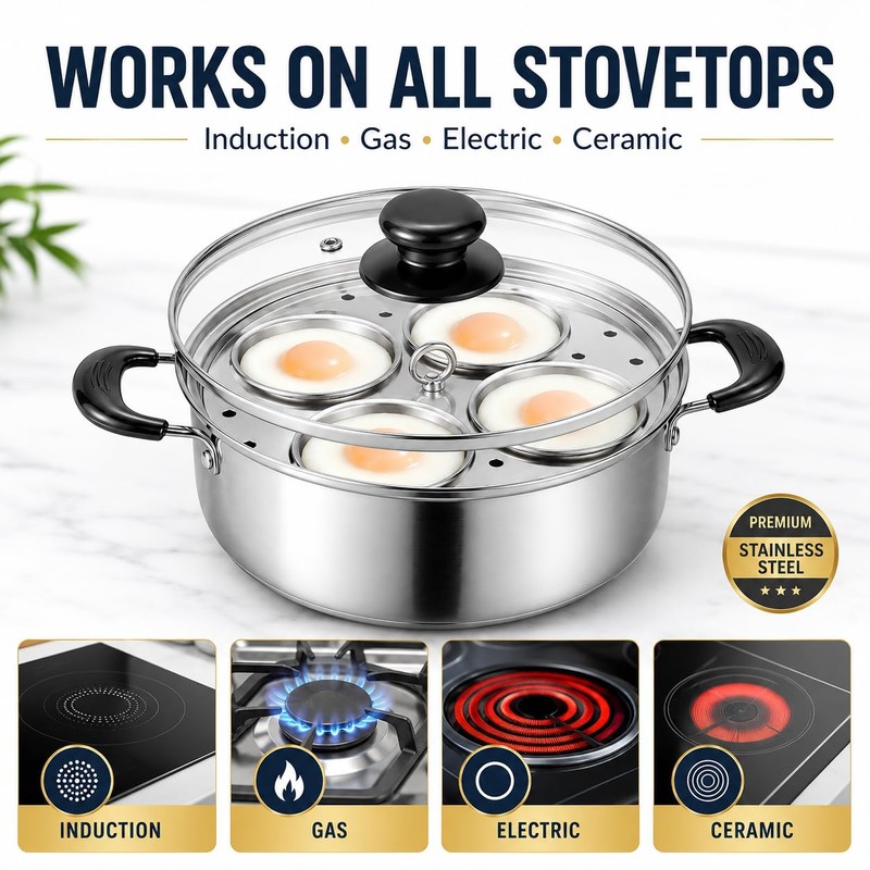 Egg Poacher Pan, Egg Poacher, Stainless Steel, 4 Cups Egg