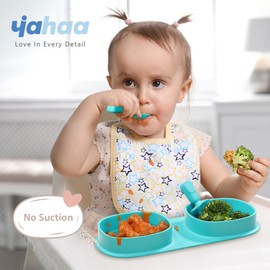 yahaa Silicone Foldable Novelty Dinner Plates, Baby Plates with Forks and Spoons, Baby Travel Essential, Microwave & Dishwasher Safe, Aqua