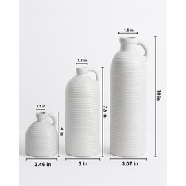 White Ceramic Vase Set of 3 with Handle – Ribbed and Dotted Jug Vases for Rustic Farmhouse Table Centerpiece, Shelf & Mantel Decor