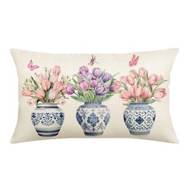 NUTEEN Spring Pillow Covers 12x20 Inch Sage Green Watercolor Tulip Floral Plant Throw Pillows Case Chinoiserie Floral Outdoor Decorative Farmhouse Decor Cushion Covers for Home Sofa Bed Couch