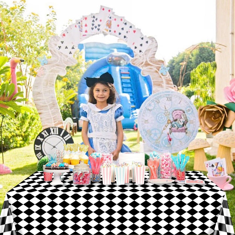 4 Pack Black and White Checkered Tablecloths, Plastic Gingham Table