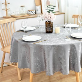 Jacquard Round Tablecloth 70 Inch Grey Tablecloth Leaves Pattern Scalloped Edge Silky Soft Table cloth Waterproof Wrinkle Resistant Washable Table Cover for Dining Tabletop Party Banquet Patio Decor