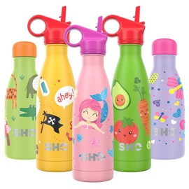 SHO Kids Bottle - Ultimate Insulated, Double Walled Stainless Steel Vacuum Flask & Water Bottle - 12 Hours Hot & 24 Hours Cold - 260ml, 375ml - BPA Free (Mermaid at Heart with Straw Lid, 375ml)