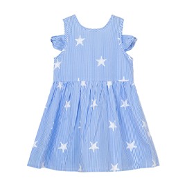 Mud Kingdom - Vestido para niñas pequeñas, hombros descubiertos, cuello en V, a rayas, reversible, sin tirantes, con lazo de estrella, casual, verano, Azul, 9-10