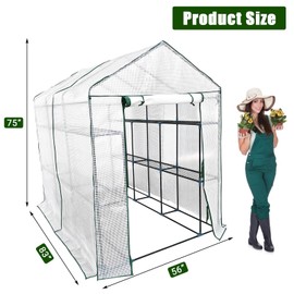 56"x85"x76" Walk-in Greenhouse for Outdoors, Green House Kit with Mesh Windows, UV-Resistant PE Cover, 3-Tier 8 Shelves for Seedling Flowers Growing, White