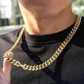 KRKC&CO 12mm/18mm Iced Cuban Link Chain for Men, 14k Gold Cuban Chain Necklace, Cuban Choker, Hip Hop Jewelrys, Prong-Setting 5A CZ Stones, Durable Anti-Tarnish Urban Street-wear(12mm,gold,20in)