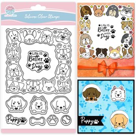 GLOBLELAND Dog Border Clear Stamps Cartoon Dogs Frame Silicone Stamp Cute Puppy Clear Stamps for DIY Scrapbooking and Cards Making Photo Journal 6.3x4.33inch