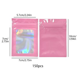 150 Pcs Foil Ziplock Bags Set, 10 * 7CM Resealable Mylar Bags, Smell Proof Holographic Pouches for Food, Jewelry(Pink)