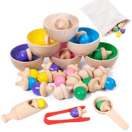 Xylolin Montessori Wooden Color Sorting Toy for Toddlers, Acorns Counting with Sorting Bowls, Preschool Learning Activities Fine Motor Skill Practice Sensory Toy for Kids Age 3 4 5 6 Years Old