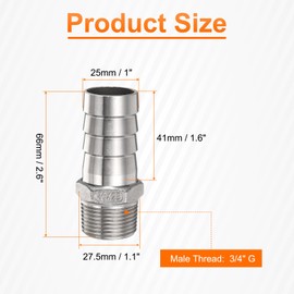 sourcing map 2pcs Stainless Steel Hose Barb Fitting 1" (25mm) Barbed x g 3/4" Male Pipe Fitting Air Hose Barb Fittings Coupler Thread Connector Adapter for Water Fuel