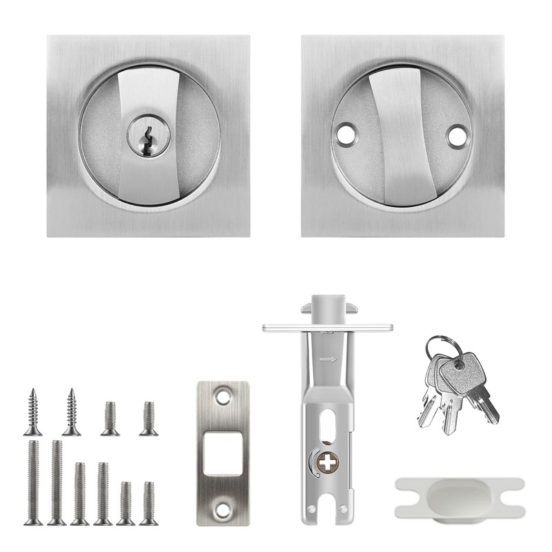 Square Pocket Door Lock, Satin Nickel Pocket Door Hardware, Sliding