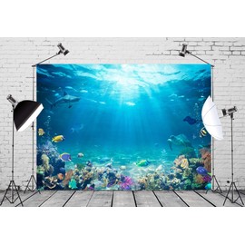 BELECO Underwater World Backdrop 7x5ftFabric Undersea Backdrop for Photography Under The Sea Tropical Fish Dolphin Turtle Coral Deep Sea Sunlight Seabed Background Undersea Party Photo Studio Prop