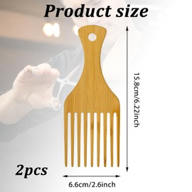 2 Pack Bamboo Afro Hair Pick Comb Set, Natural Anti-Static Wide Tooth Detangling Combs for Curly, Thick Long Hairs 9 Teeth Wooden Hair Picks for Women Men Hairs Styling Tool
