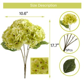 Jim's Cabin Artificial Flowers Silk Hydrangea Arrangements with 5 Big Heads Fake Flower Bunch Bouquet for Home Wedding Party Decor DIY (Green)