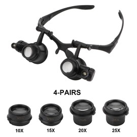 Hands Free Headband Magnifying Glasses Magnifier with Light Jewelers Glasses Eye Loupe with 2 LED Lights 8 Replaceable Lens for Diamond Art Accessories Repair (10X 15X 20X 25X)