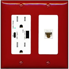 RiteAV 1 Port Cat6 Ethernet Wall Plate Female-Female - USB A+C Charger Outlet [Red/White]