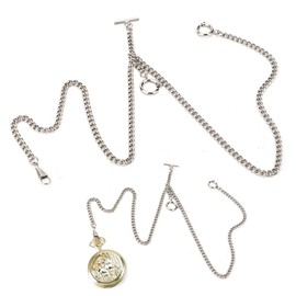 T Bar Pocket Watch Chain, Antique Style Pocket Watch Chain Double Albert Chain Pocket Watch Albert Chain 44cm Classic Pocket Watch Curb Link Key Chain Vintage Metal Pocket Watch Chain(Silver)