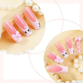 RUOKEXIN Long Square Press on Nails White French Tip Fake Nails Pink False Nails with 3D Bow Designs Long Nail Press ons Pink Glue on Nails Glossy Artificial Nails Cute Stick on Nails for Women 24Pcs