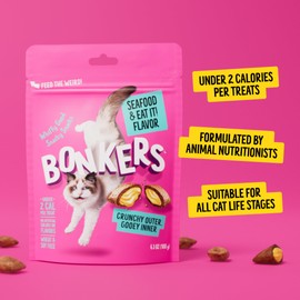 Bonkers Cat Bites, Crunchy & Soft Seafood & Eat It! Flavor Treats, Low Calorie, Training or Food Topper, 3 OZ Resealable Bag for All Breeds and Ages