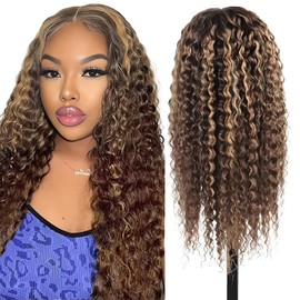 4/27 Highlight Deep Wave Lace Front Wigs Human Hair 13x4 Middle Brown Lace Frontal Wig with Baby Hair 180% Density Curly Wig for Black Women Ombre Wet and Wavy Wig 24 Inch