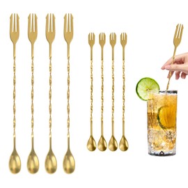 Diakey 8 Pieces Bar Spoon Cocktail Stirrers for Mixing Drink, 26cm + 32cm, Stainless Steel, Long Handle Spiral Stirring Spoons with Trident Tip, Gold