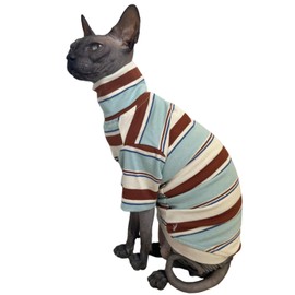 Vintage Stripes Sphynx Hairless Cats Shirt Cotton Cat Turtleneck Pet Clothes Kitten T-Shirts with Sleeves for Sphynx Cornish Rex, Devon Rex, Peterbald (Mint Brown, XX-Large (Pack of 1))