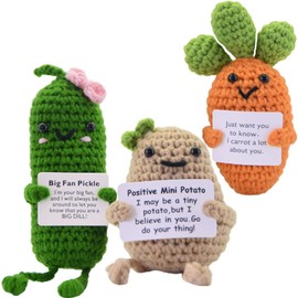 JoyChoi Emotional Support Plush - Positive Crochet Potato, Pickle & Carrot, Cute & Funny Birthday, Anniversary, Christmas, Graduation Gifts, Room or Office Desk Decor for Women & Men (3 PCS with Base)