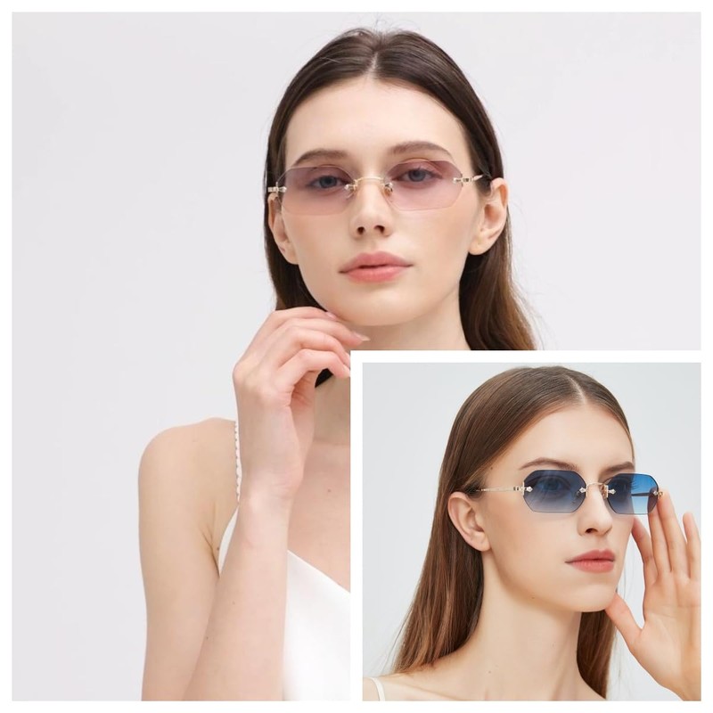 WDZAYXC Retro Rimless Sunglasses for Women Men Hexagonal Sunglasses, Gold/Gradient