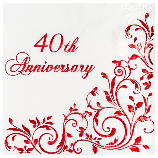 Crisky Servilletas de cóctel rojas de 40 aniversario para decoración de fiesta de boda de rubby, servilletas desechables de postre de 3 capas, 50 unidades