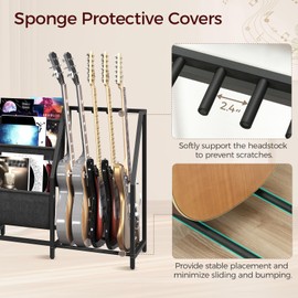 MAHANCRIS Guitar Stand, Record Player Stand with Storage, for 5 Acoustic Guitar, Bass, Electric Guitar, Ukulele, Banjo, Turntable, Vinyl Records and Amp Accessories, for Music Studios, Black