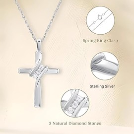 GILDED Small Sterling Silver Natural Round-Cut Diamond Accent 3 Stone Cross Pendant with an 18 Inch Chain
