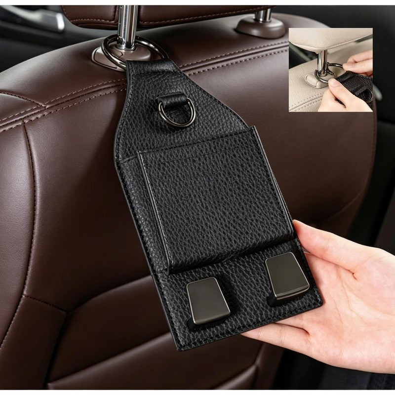 Car Seat Headrest Hooks with Phone Holder,Storage Pouch with Hook