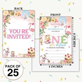 Birthday Invitations - Wonderland 1st Birthday Invites with Envelopes(25-Count) - Floral Garden Fill-in Party Invite Cards for Girls Kids Party Supplies Favors Decorations - A09