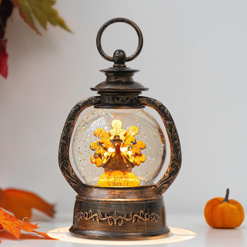 Fall Snow Globe Lantern -Thanksgiving Turkey with Pumpkin Spinning Water