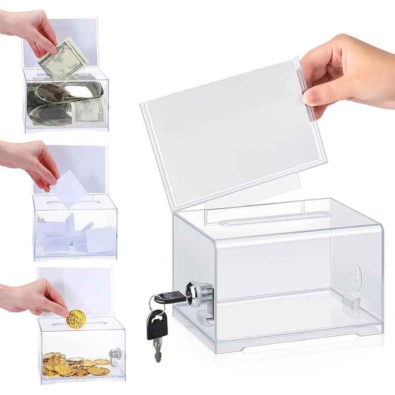 Acrylic Donation Box, Transparent Ballot Box with Key Lock, Lockable