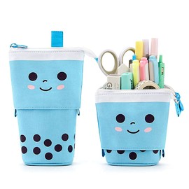Cute Standing Pencil Case Pen Holder for Kids, Pop Up Stand UP Bubble Tea Pen Organizer Kawaii Stationary for Christmas Holiday New Year Office (Blue)