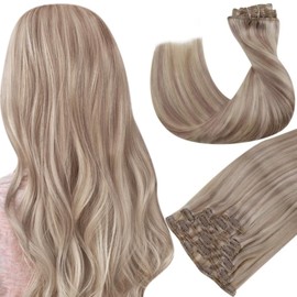 Hetto Blonde Clip-In Real Hair Extensions, Remy Extensions, Highlight Clip-In Hair Extensions, Ash Blonde Highlights, Blonde, #18/613, 120 g, 40 cm