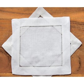 White Linen Cocktail Napkins 6x6 Inch, Linen Hemstitch Napkins, Cloth Cocktail Napkins Washable, Mini Napkins, Linen Coasters, Napkin Coasters, Reusable Napkin Set of 12 (Heimstitched)