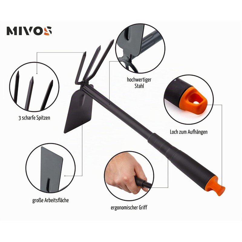 Mivos Double Hoe for the Garden with Triangle Steel –