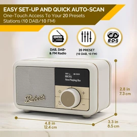 Roberts Revival PETITE2 FM/DAB/DAB+ Digital Radio with Bluetooth, Pastel Cream