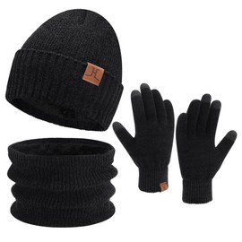 ZASFOU Women's Men's Winter Hat Scarf Touchscreen Gloves Set Thermal Chenille Beanie Winter Hat Loop Scarf Winter Gloves Gift for Men Women, black