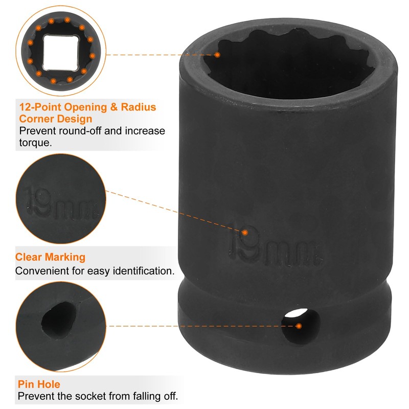 sourcing map 12-Point Impact Socket 1/2 Inch Drive 19mm Metric