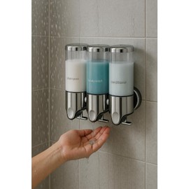 Stainless Steel Drill Free Triple Wall Mount Soap Dispenser Set Shower Bathroom Pump, 3 x 500ML Shampoo Conditioner, Adhesive Reusable Luxury Organizer Declutter Spring Cleaning Gift Idea Fathers Day