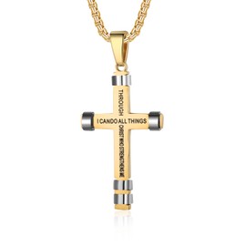 ZRAY Philippians 4:13 Cross Necklace for Men Strength Bible Verse I CAN DO ALL THINGS Pendant Stainless Steel Chain Meaningful Jewelry Gift for Men(Gold)